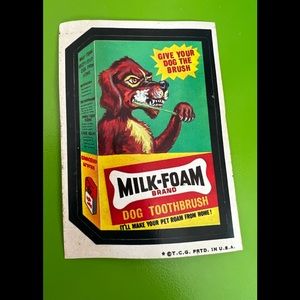 Topps chewing gum sticker MILK FOAM spoof  dog bones advertising humor brand pun